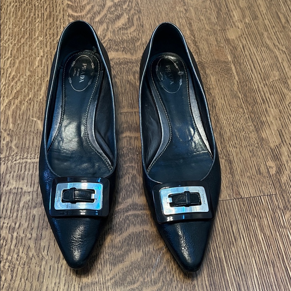 Prada Black Leather Point Toe Flats with Silver Buckle - Picture 3 of 12